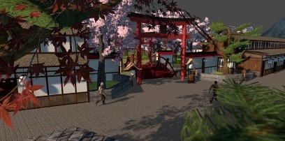 Screenshot van een straat met huizen waar mensen lopen met in het midden een Torii, een rode Japanse poort met daaronder een brug. 